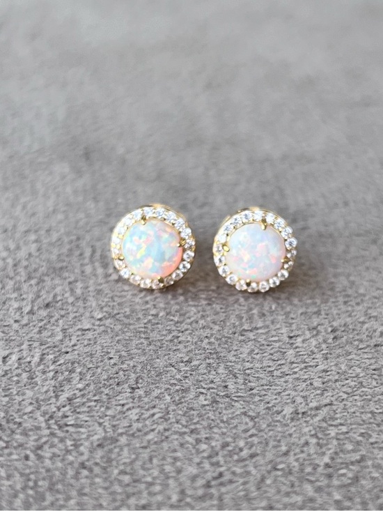 925 Sterling Silver Jewelry - Gold Over Sterling Silver 6MM Lab Opal Halo Stud Earrings